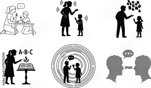 Adult-child communication in six artistic styles, speech bubbles, teaching, conversation, silhouette, pixelated heads, ABC learning, verbal exchange, education concept, creative design