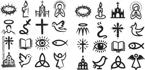 Christianity Symbol Set Religious Signs and Icons Crown Cross Candle Church Angel Bible