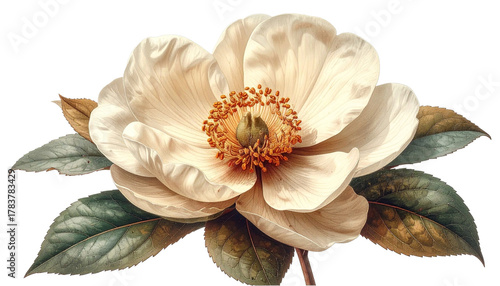 Elegant cream magnolia bloom with detailed petals and verdant leaves, perfect for natural beauty