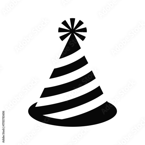 A black and white graphic of a festive party hat with stripes