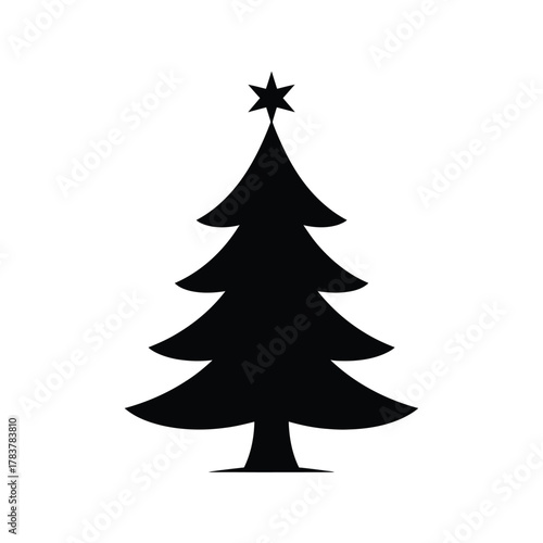 A silhouette of a decorated Christmas tree with a star on top