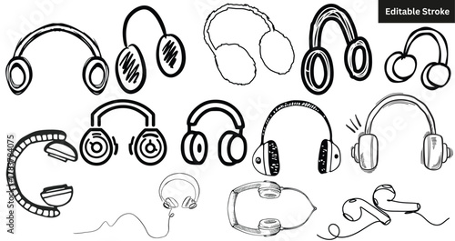 Set of hand drawn headphones and earbuds. Vector sketch doodle collection of music, audio, and headset icons. Editable stroke.