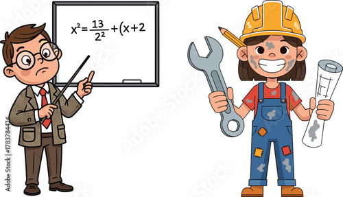 Cartoon teacher explaining math formula, female engineer holding blueprint and wrench, education, STEM learning, career concept, science and engineering illustration