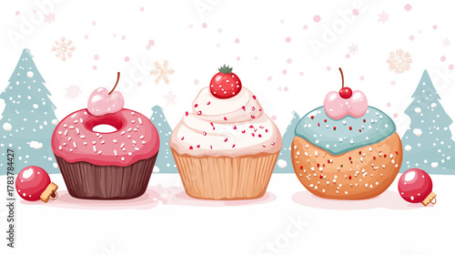 Cupcakes and Donuts on White Background, Digital Art, Winter Wonderland