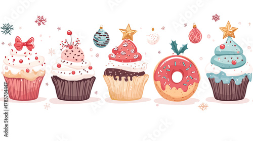 Christmas Cupcakes and Donuts on White Background, Digital Illustration, Joyful Environment, Cheerful Concept