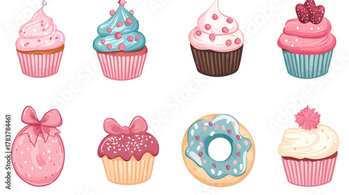 Festive Christmas Cupcake and Donut Characters on White Background - Cute Illustrations for Holiday Celebrations
