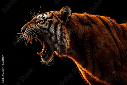 Tiger roar side shot photography on black background with warm glow lighting