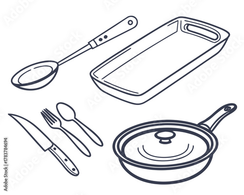 Collection of hand drawn kitchen utensils and cookware