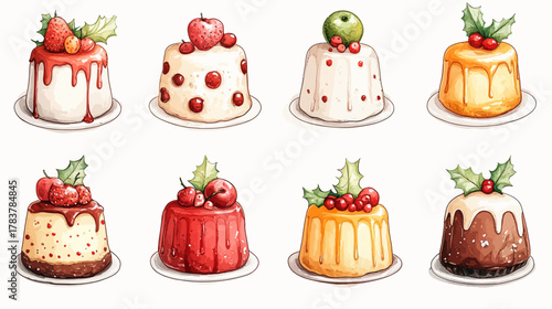 Colorful Puddings and Cakes, Kitchen Table, Digital Illustration, Cheerful Atmosphere, Top View
