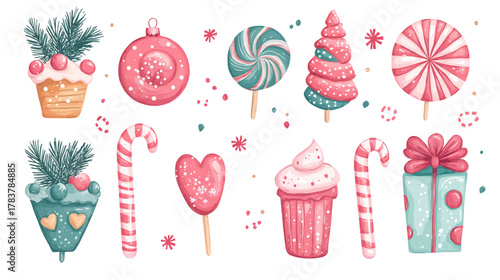 Christmas Candy, Pudding, and Lollipops on White Background, Illustration, Holiday Cheer, Sweet Delights