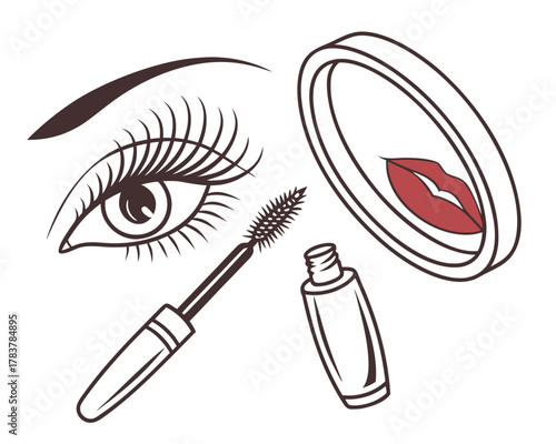 Eye makeup and reflection of lips with mascara and mirror