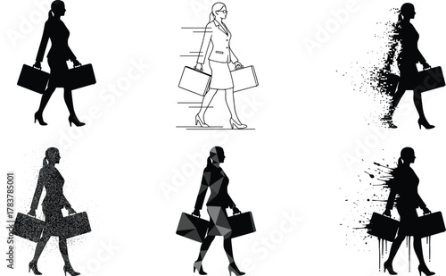 Businesswoman silhouette styles, briefcase pose variations, artistic motion effects, vector set, editable stroke, professional concept, black and white design