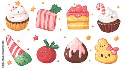 Cute Christmas Dessert Illustrations Featuring Candy and Treats in a Whimsical Holiday Environment