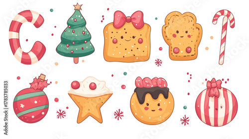 cute christmas cookies and candy illustrations with festive ornaments in soft pastel colors sweet so