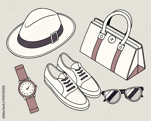 Menswear accessories flat lay with hat shoes watch bag and sunglasses