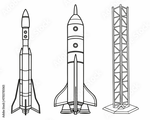 Line art designs of rockets and launch tower