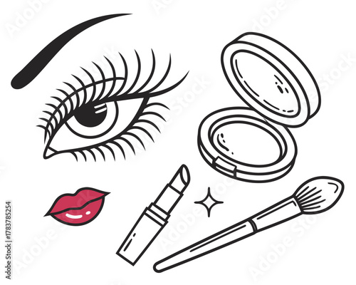 Stylized makeup elements including eye lips lipstick powder brush