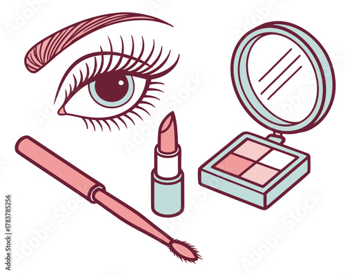 Stylized makeup items including eye lipstick and compact mirror