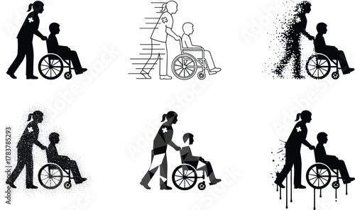 Caregiver and wheelchair patient silhouettes, mobility assistance styles, artistic healthcare scenes, vector set, editable stroke, black and white design