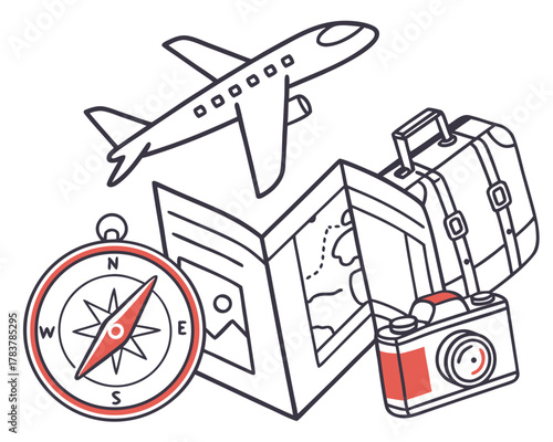 Travel essentials collection with airplane and compass