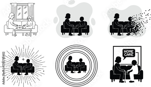 Caregiver with elderly person in six artistic styles, silhouette, pixelated, concentric circles, radiant burst, abstract background, home care, compassion, support, aging