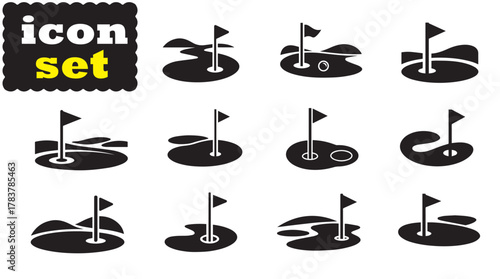 Golf course with flag icon Set, Golf course with flag solid vector