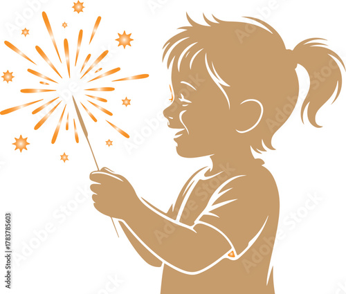 Child silhouette holding sparkler with orange fireworks
