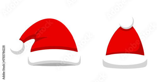 Festive Christmas Santa Hats A Duo of Red and White Holiday Headwear for Seasonal Celebrations