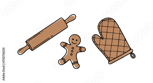 Homemade baked gingerbread man cookie with baking utensils, rolling pin and oven mitt illustration