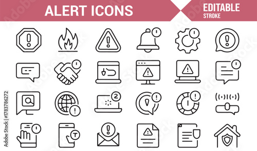 Thin Line Emergency Icons – Editable Stroke Vector Set of Alert, Fire, and Protection Symbols