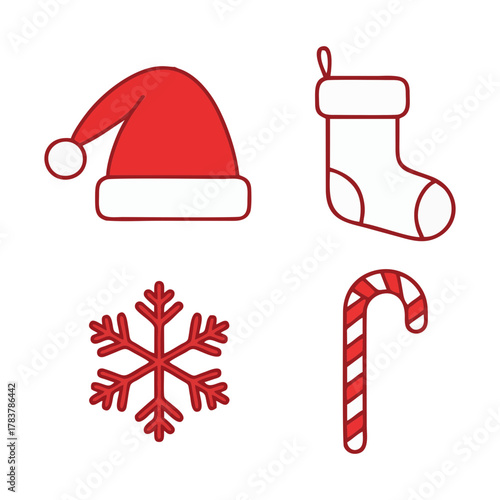 Christmas holiday vector icon set with Santa hat, stocking, snowflake, and candy cane. Simple red line art for festive design elements