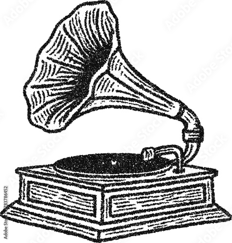 Vintage gramophone phonograph with horn speaker stipple engraving retro vector music illustration
