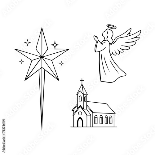 Elegant line art collection of Christian and Christmas symbols a guiding star, a serene angel, and a classic church, ideal for holiday projects and spiritual graphic design