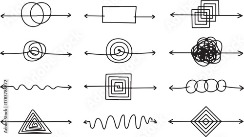 Hand Drawn Tangled Arrow Set Indicating Confusing Thought Process Doodle Concept