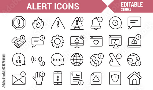 Thin Line Alert Icons – Minimal Vector Collection Featuring Exclamation, Bell, and Error Elements