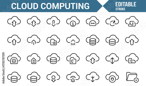 Cloud Computing Line Icons – Editable Stroke Vector Collection of Data, Folder, and Security Symbols
