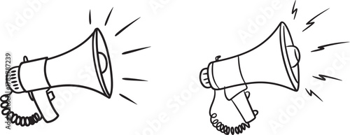 Doodle Style Megaphone Illustration with Sound Waves Radiating Outward in Monochrome