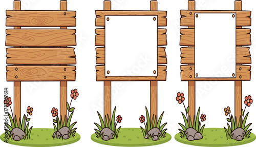 Rustic wooden signboards illustration, blank outdoor wood boards, decorative rural signage design, vector art background, natural grass with flowers and rocks