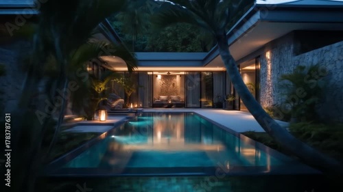 Luxury villa pool night scene with exterior and interior design