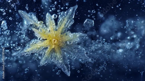 Macro view of delicate snowflake with icy texture and geometric shape