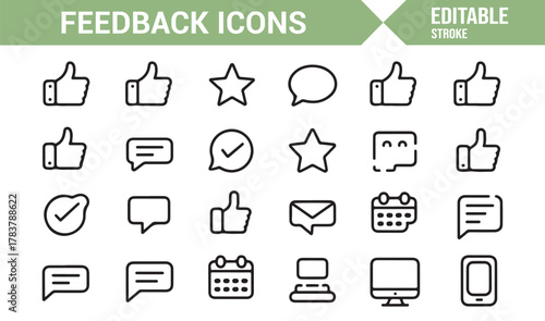 Feedback and Rating Line Icons – Editable Stroke Vector Collection of Comment, Chat, and Review Symbols