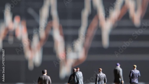 Miniature figures observe financial chart data against blurred background