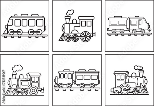 Train coloring page bundle for kids, black line art vector illustration doodle