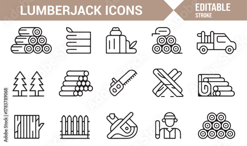 Forestry and Woodcut Icons – Editable Stroke Vector Collection of Lumberjack Tools and Equipment