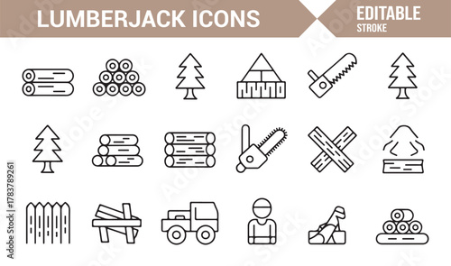 Outline Tree and Log Icons – Thin Line Editable Vector Set Representing Logging and Timber Work