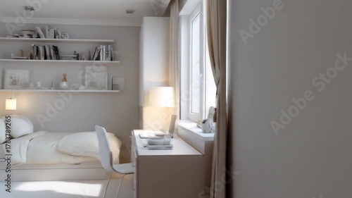 Minimalist bedroom interior design with bed desk and window sunlight