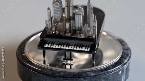 Miniature piano with cityscape model conceptual art overhead shot