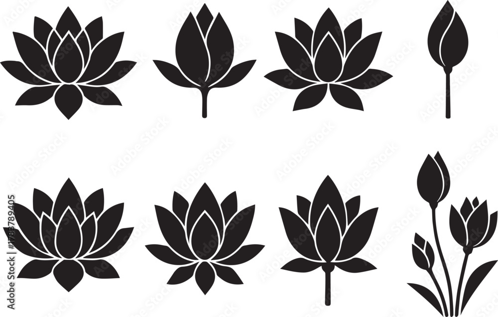 Obraz premium Set of black and white flowers - Minimalist Black Lotus Flower Vector Icon Set Design - Lotus Flower Bundle Vector