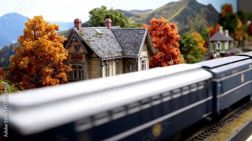 Miniature railway station scene with tracks and colorful autumn trees