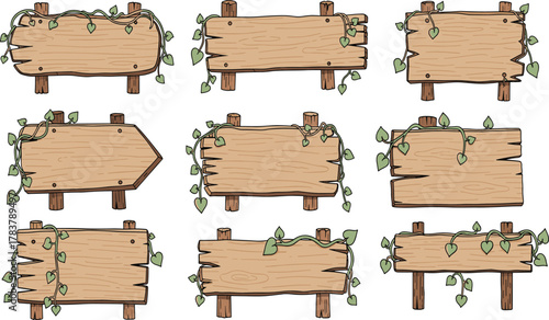 Rustic wooden signboards with vines illustration, blank outdoor wood boards, decorative rural signage design, vector art background, natural nature themed rustic display